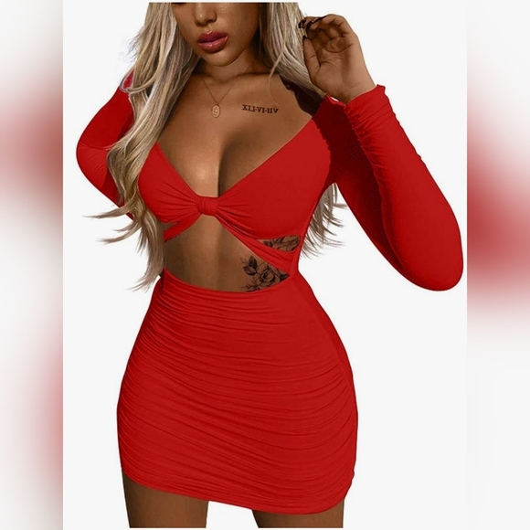 Sexy Diamond V-Neck Sheer Long Sleeve Tight-Fitting Hem Bodycon Dress